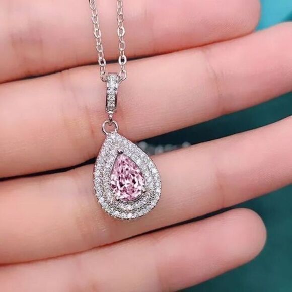 The Pretty in Pink Teardrop Pendant necklace in 925 silver and cubic zirconia - Picture 1 of 8